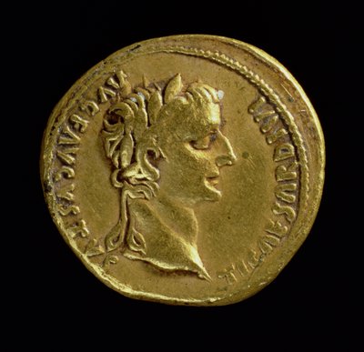 Aureus (Obverse) with the Head of Tiberius Wearing a Laurel Wreath. Inscription: TI CAESAR DIVI AVG F AVGVSTVS by Roman